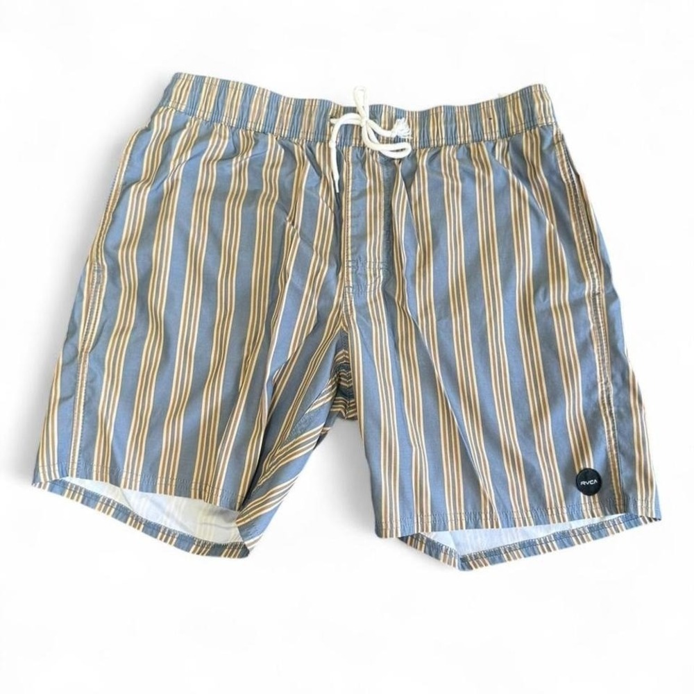 Rvca blue + yellow striped swim trunks